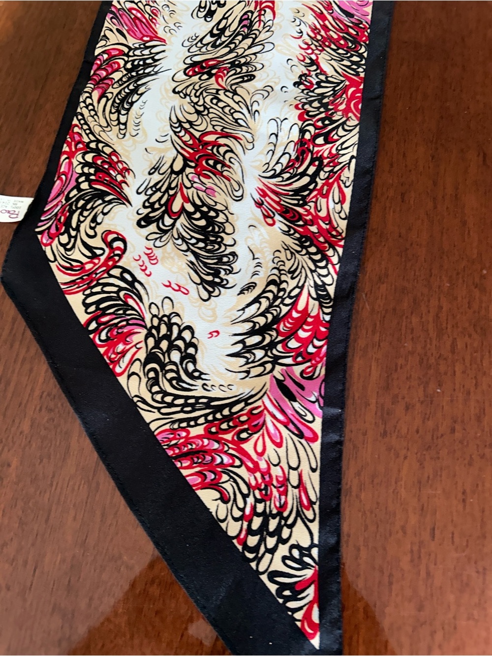 Mila Paoli Red Black Cream Patterned Silk 🧣 Japanese Scarf 7“ x 52“